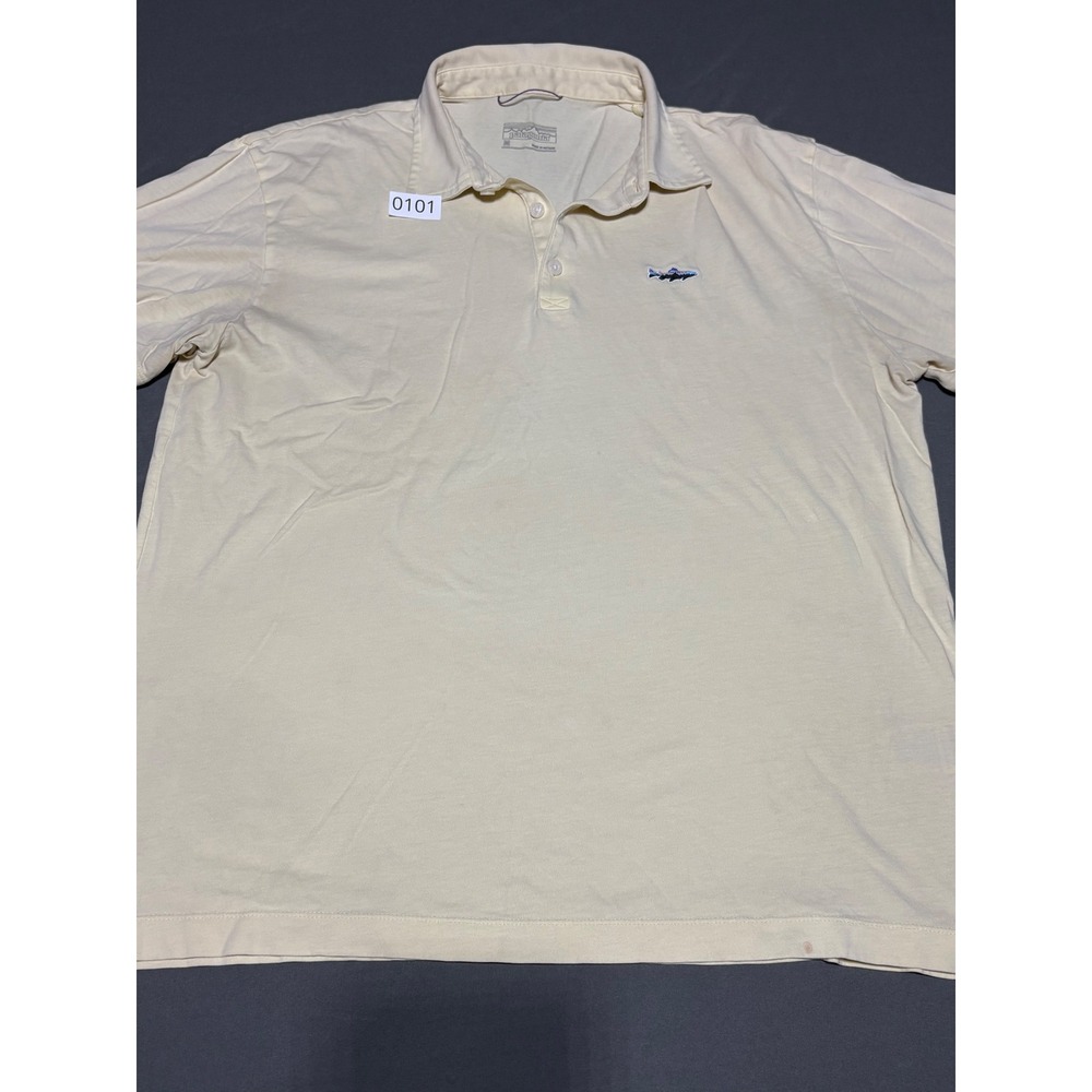 Patagonia Mens Short Sleeve Fitz Roy Trout Logo Polo Shirt Cream Yellow Size M